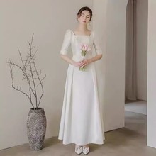 跨境方领显瘦敬酒服欧式简约中袖蓬蓬裙缎面新娘结婚超仙出门纱