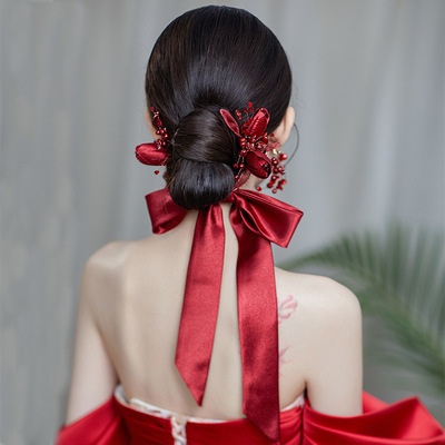Chinese Wedding Bride headdress fairy princess hair accessories wine red tulips crystal flower head hair band toast dress hair Chinese dress accessories