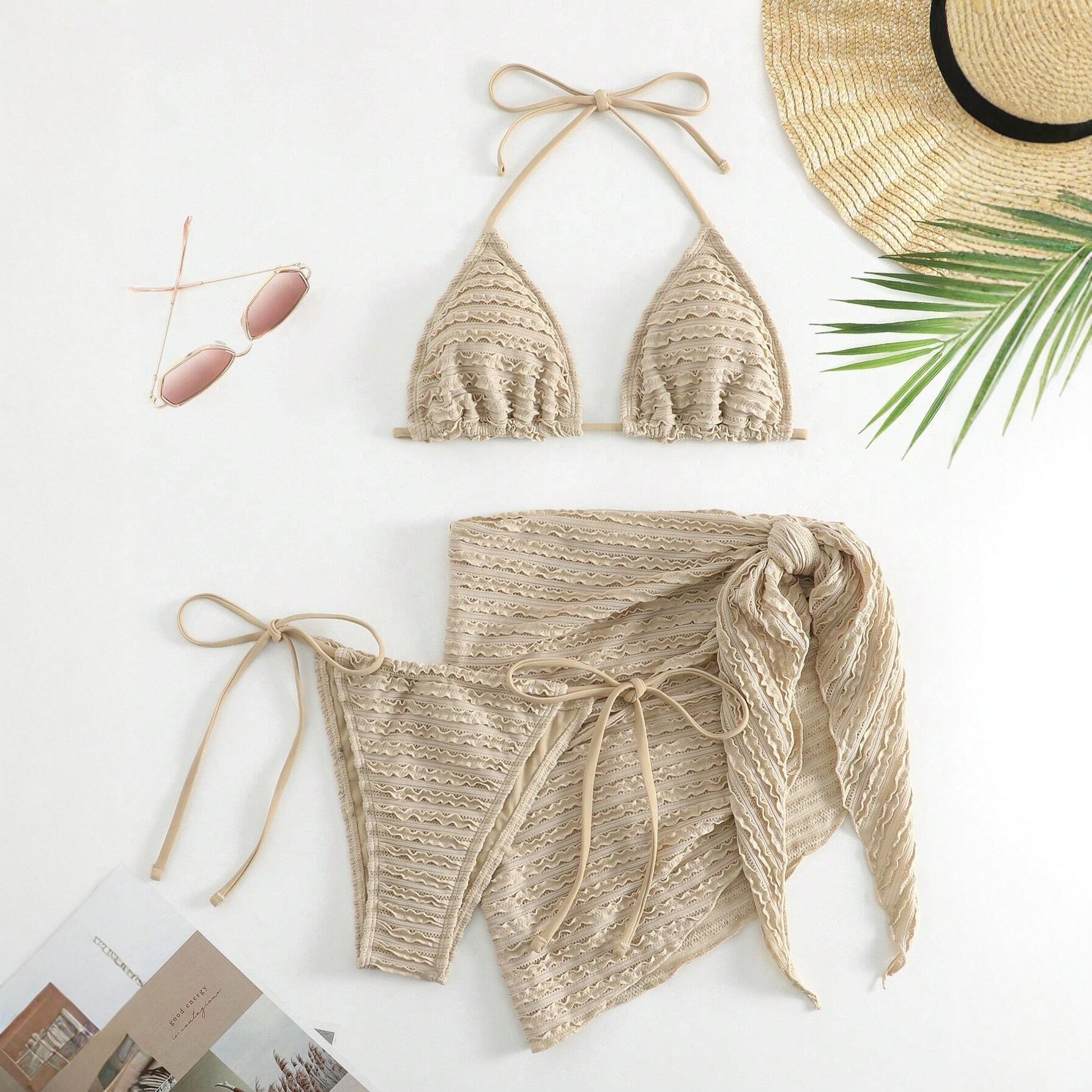 Solid Color Three Piece Bikini Swimsuit Set Women's Sexy Swimwear_ecoleips.com