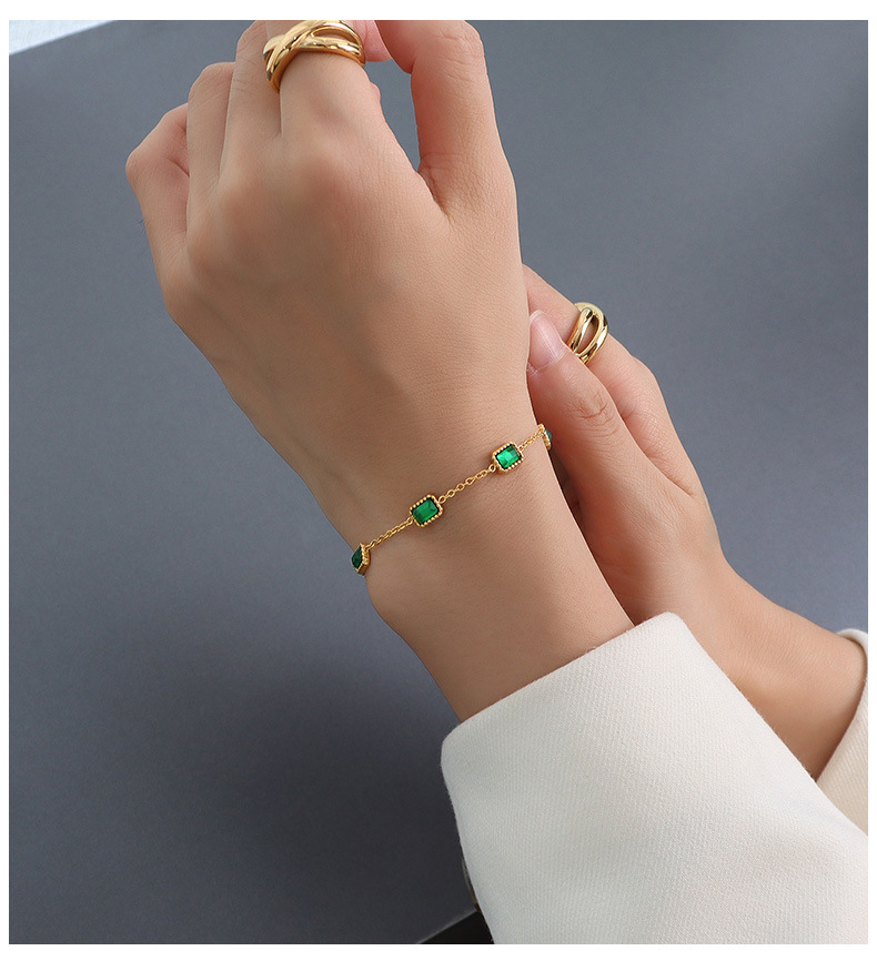 European and American inlaid emerald zircon gold square titanium steel bracelet
