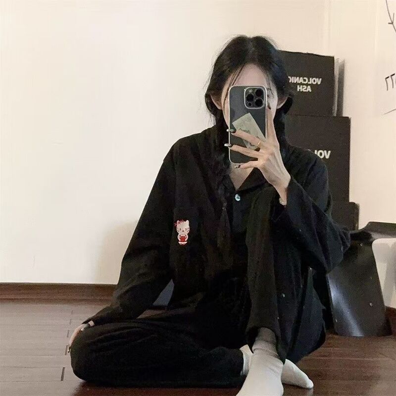 韩版简约风黑色Kitty猫睡衣女冬季德绒保暖长袖套装美少女家居服|undefined