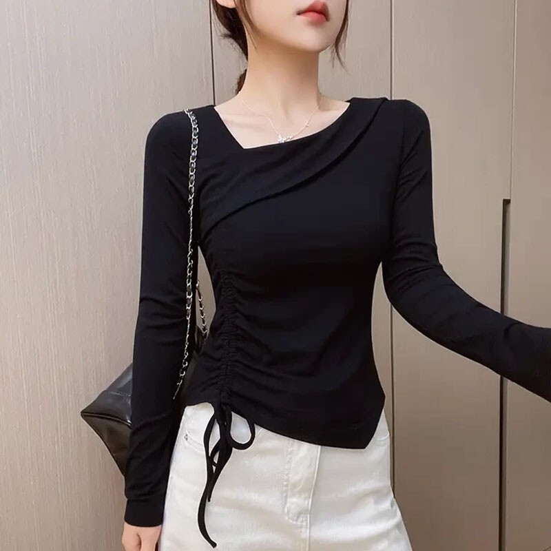 Right Shoulder Long-Sleeved T-Shirt for Women, Autum New Korean Style Slimming Look Asymmetrical Side Waist Drawstring Style Top