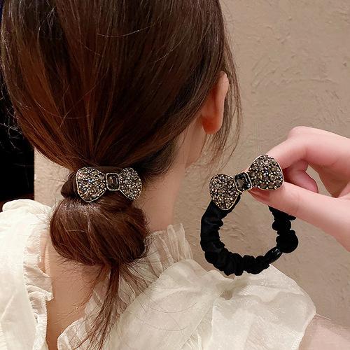 Korean version of retro large intestine hair tie hair rope rubber band women's bow full of diamond temperament crystal head flower hair rope wholesale