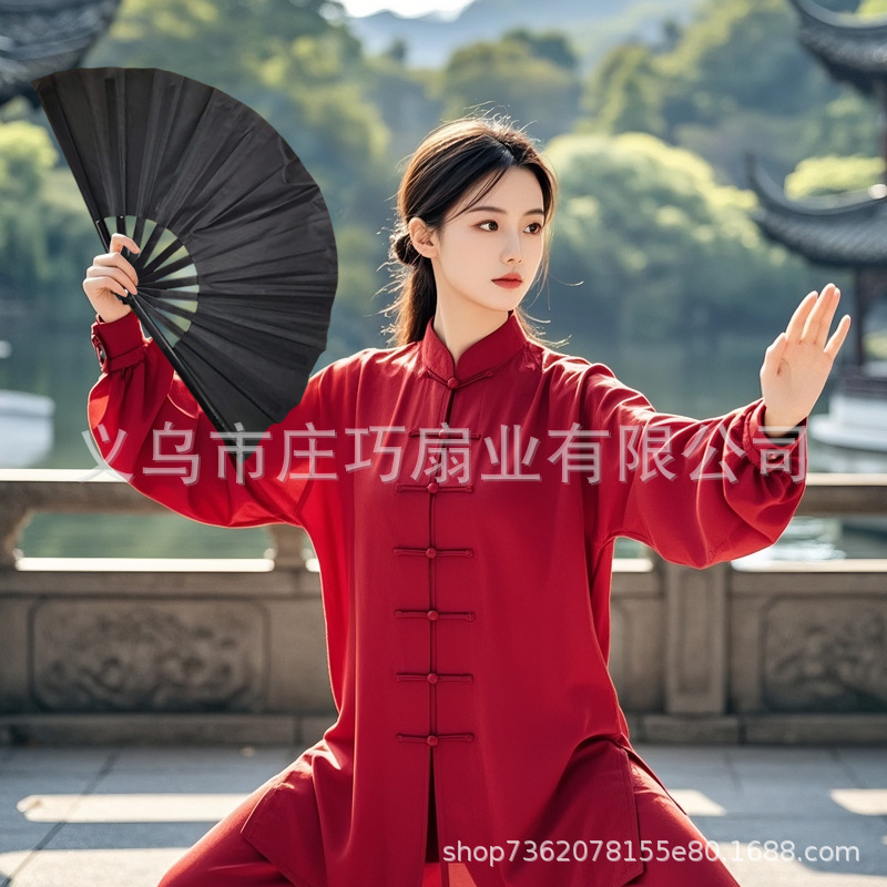 功夫扇黑色义乌工厂33cm10寸一尺布折扇太极扇响扇甩扇健身武术扇