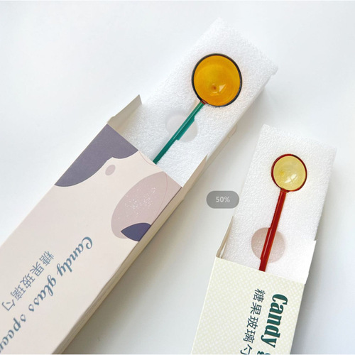 Creative milk dessert spoon, colorful pastoral transparent high temperature resistant glass spoon, cute long handle coffee stirring round spoon