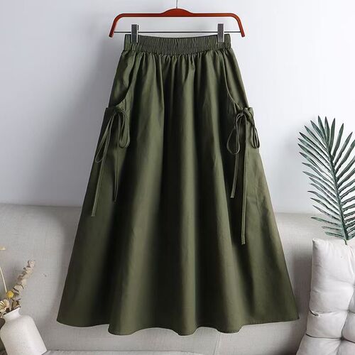 Summer new half-length skirt, versatile solid color with drawstring pockets, loose-fitting work-style long skirt
