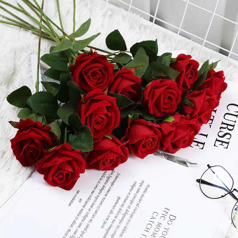 Simulated Rose Single Rose Valentine's Day Home Wedding Artificial Flower Fake Flower Artificial Feel Velvet Rose