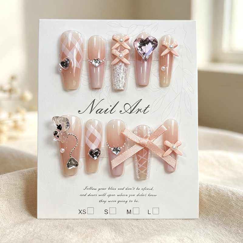 Handmade nude pink bows, heart-shaped rhinestones, ribbon, long style, girly, flattering, reusable nail tips Handmade nude pink bows, heart-shaped rhinestones, ribbon, long style, girly, flattering, reusable nail tips