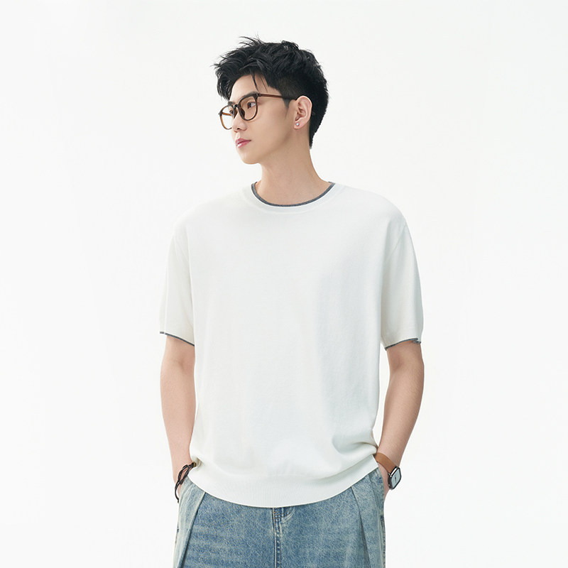 ZY8116-MM简约高级感上衣宽松休闲T恤美式假两件短袖针织衫,男装针织衫/毛衣,星座614