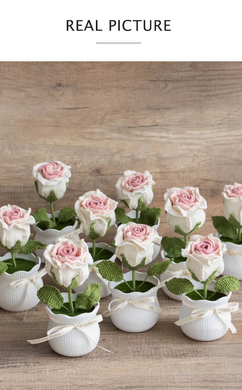 Ready-made hand-knitted rose artificial flower potted plants, office desktop potted plants, knitted flower ornaments, artificial flowers wholesale pic 11