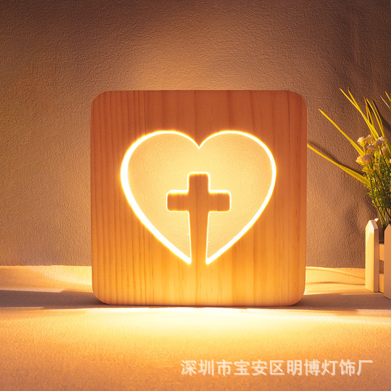 Creative solid wood hollow 3D night light love bedside bedroom atmosphere desk lamp home decorations manufacturers wholesale