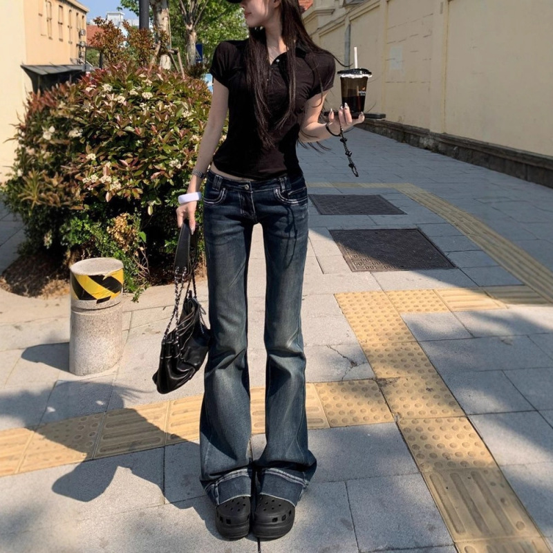 Retro Dark Blue Low-Waist Bootcut Jeans for Women 2025 Spring & Fall New Slimming Look Elastic Design Flared Pants