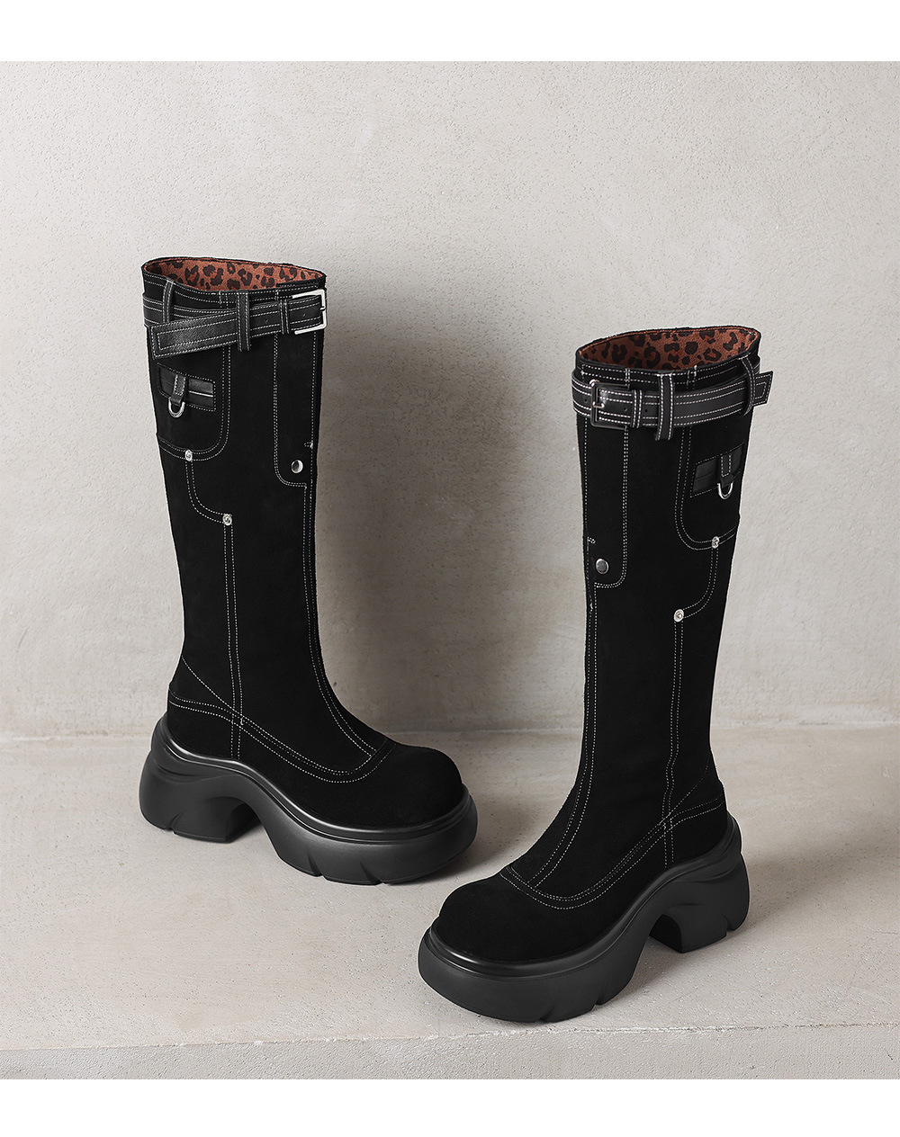 Boot nữ cao cổ hai kiểu mũi tròn đế dày phong cách Maillard da bò thời trang — Lớp lót nhung đen chi tiết 17
