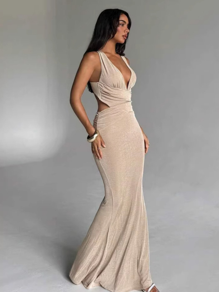 Summer Sexy Backless Hollow Out Long Dress V Neck Slim Fit Glitter Women's Fashion Elegant Dress_ecoleips.com