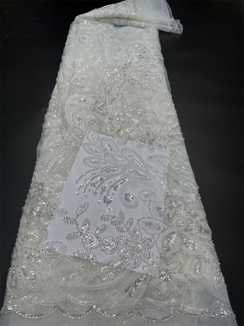 Tejido bordado de tubo de perlas, bordado tridimensional, vestido de boda, fabricantes de tejido de moda, suministro de stock