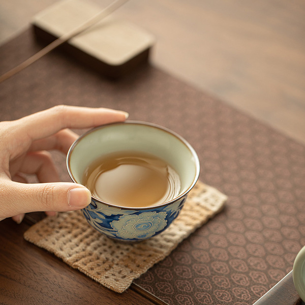 Yuan blue and white Ru kiln peony tea cup master cup guest cup…