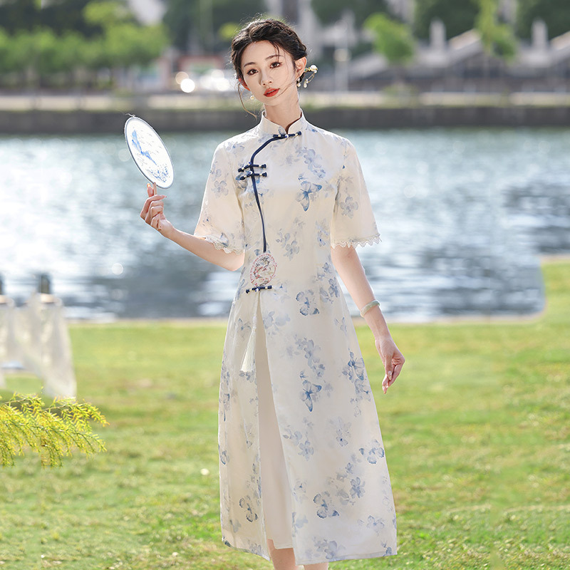 顯瘦奧黛新中式改良旗袍2024新款年輕款女國風復古連衣裙日常可穿