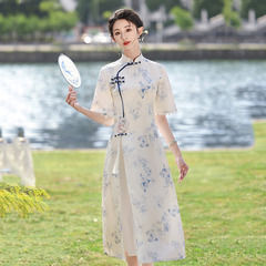 顯瘦奧黛新中式改良旗袍2024新款年輕款女國風復古連衣裙日常可穿