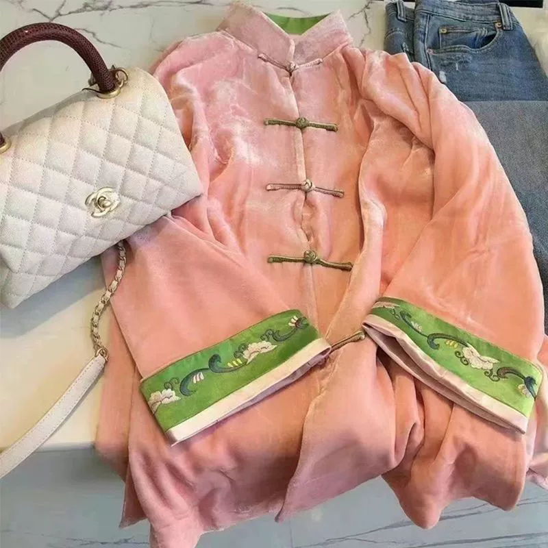 Новая женская куртка в китайском стиле из бархата, весна 2025, винтажный китайский стиль с пуговицами, высококачественный вышитый топ.