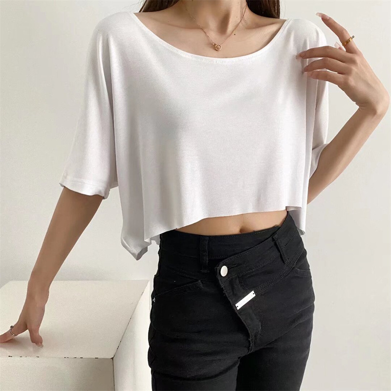 YPFF Fashion Women's Summer New European and American Style Round Neck Half-sleeve T-shirt Style Short Navel-exposed Small Top