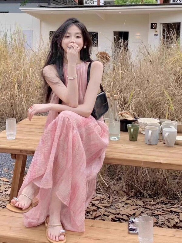 Pink Seaside Vacation Sleeveless Halterneck Dress for Women Summer High-End Tie-Dye Printed Beach Skirt Mid-Length Skirt Pink Seaside Vacation Sleeveless Halterneck Dress for Women Summer High-End Tie-Dye Printed Beach Skirt Mid-Length Skirt