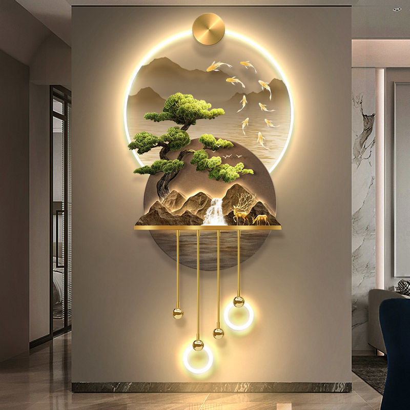 Bienvenido al porche de pino, luminoso, nueve peces, pintura decorativa, luz de lujo, pintura de luz LED, luz de ambiente de paisaje de inducción del corredor Fulu