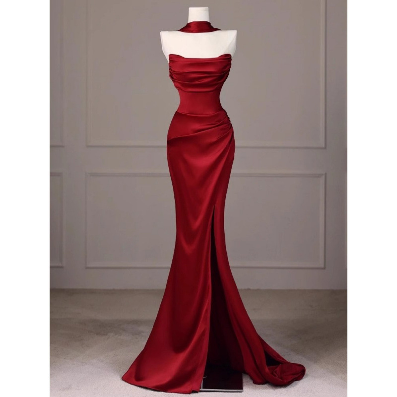 Strapless Toast Dress Bride High-end Sense 2025 New wine red French Wedding Morning Gown Fishtail Engagement Dress for Women