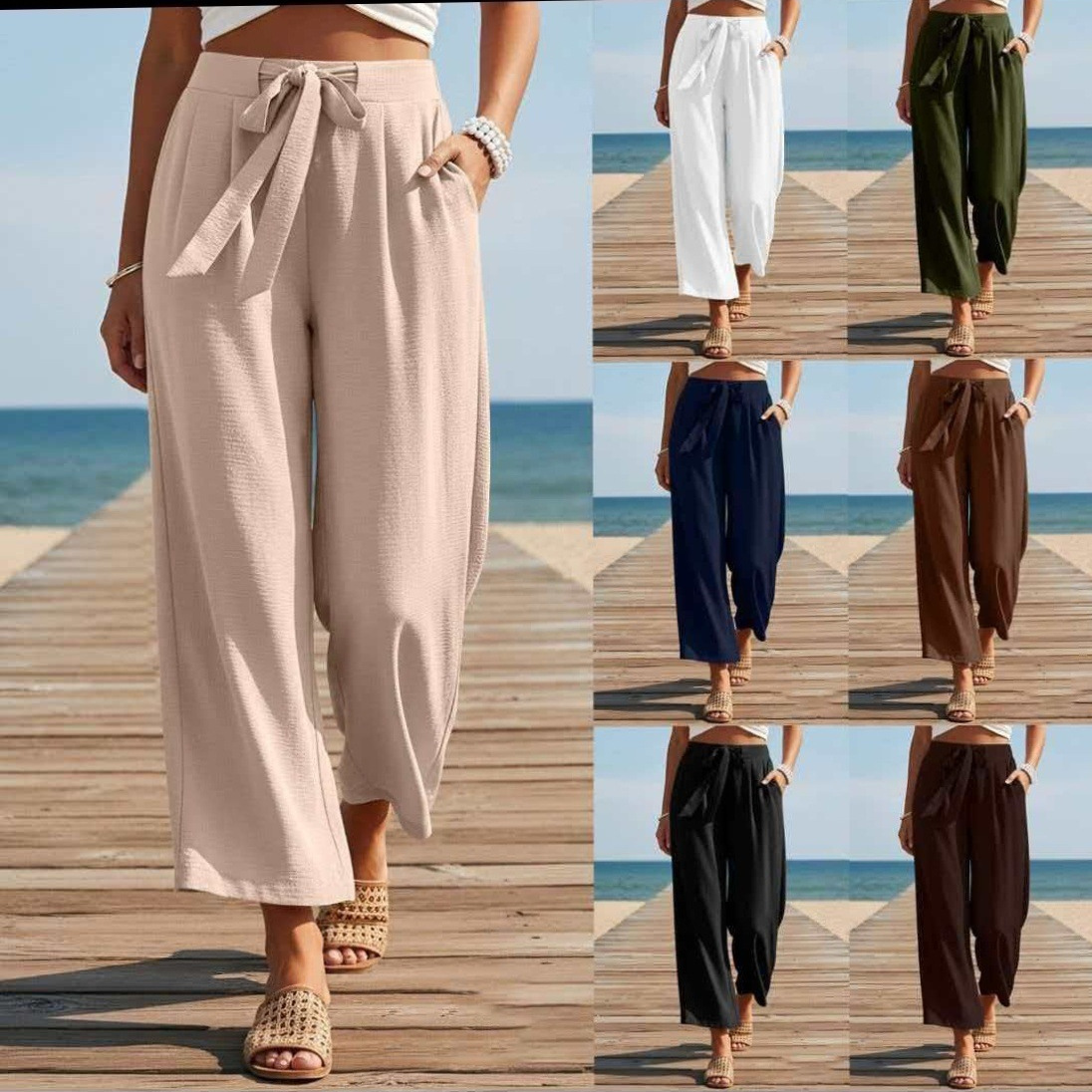 2026 primavera y verano Europa y América transfronterizos Amazon nueve pantalones de color sólido nuevo cinturón de damas pantalones casuales de piernas anchas image 1