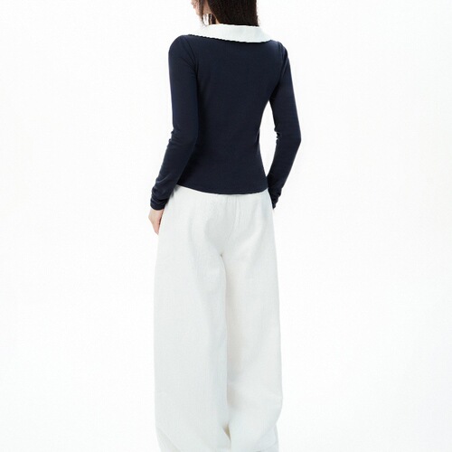 Navy blue doll-neck long-sleeve top autumn slim upright shoulder large neckline T-shirt with base inside