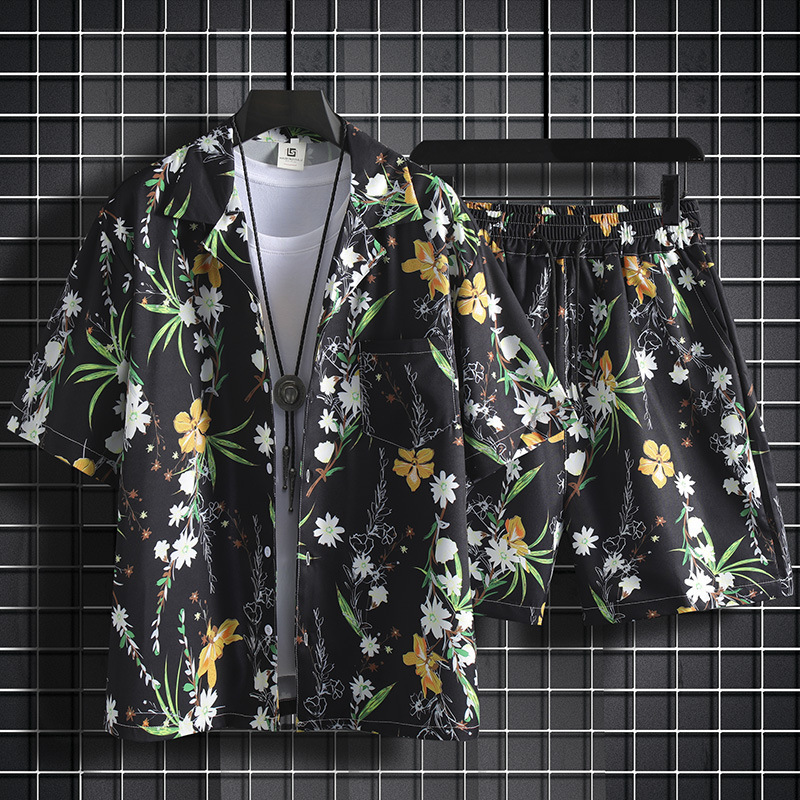 Sanya suit Summer Short-sleeved Floral Shirt Men's All-match Couple's Beach and Seaside Match Two-Piece Fashionable One-Piece Hair