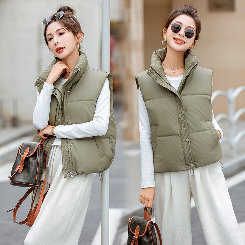 Chaleco de algodón de pluma para mujeres 2024 otoño y invierno nuevo estilo coreano de algodón suelto hombro collar de collar de algodón de color sólido chaleco