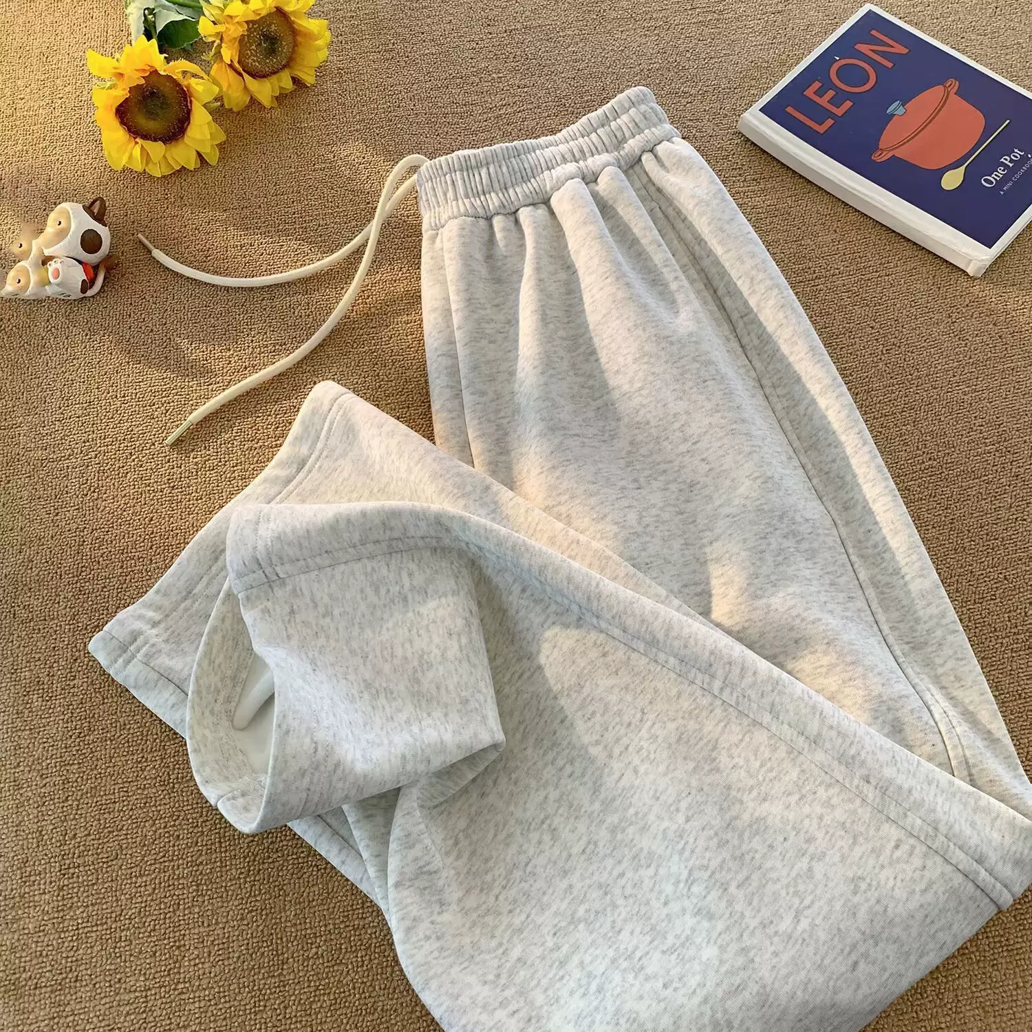 美式休闲重磅华棉抽绳阔腿运动卫裤男宽松简约百搭纯色垂感直筒裤