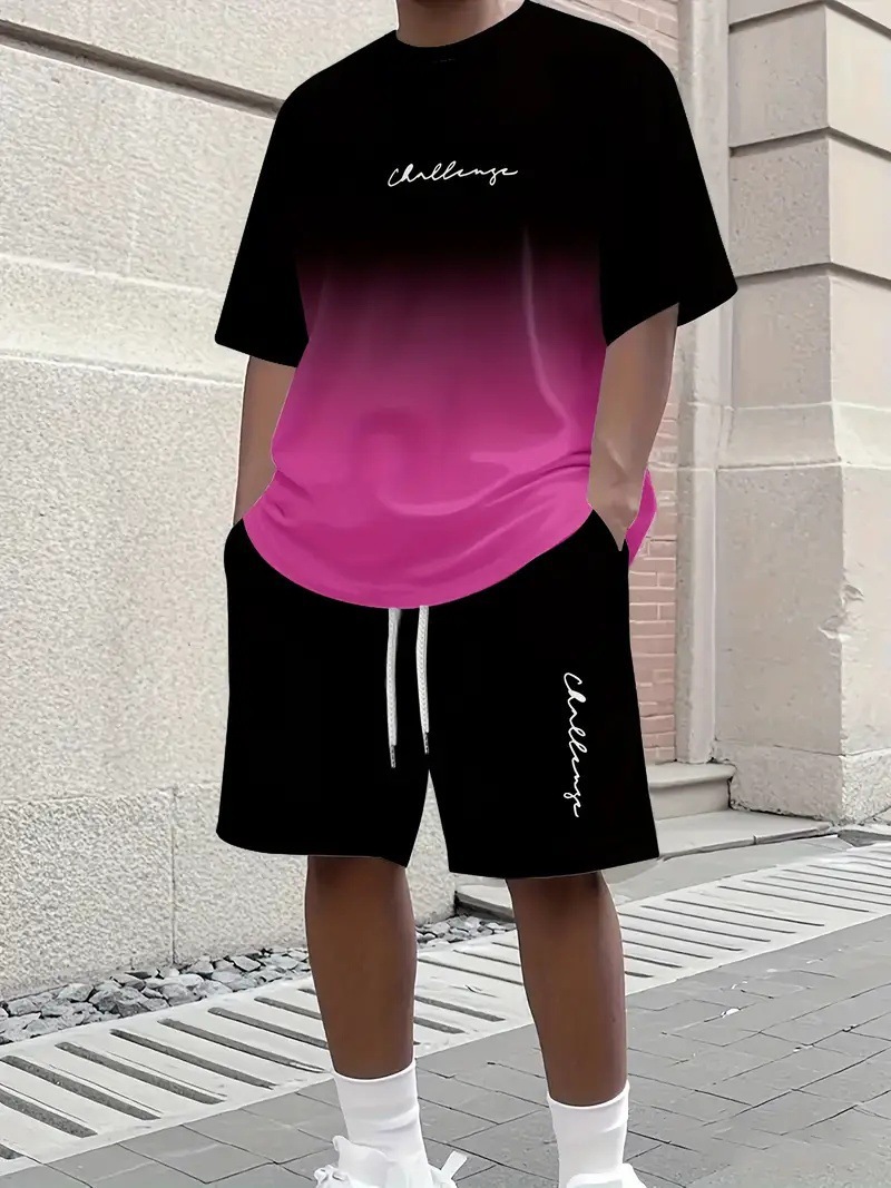 Men's Summer Gradient Letter 3D Digital Print T-Shirt And Shorts Set Trendy Casual Basic Comfortable Two-Piece Outfit_viptrois.com