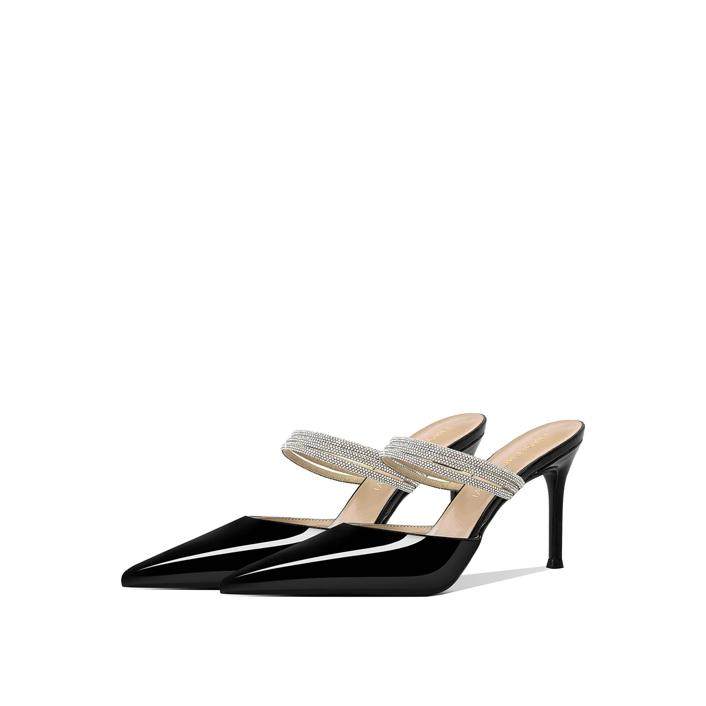 В наличии: Новые женские мюли из лакированной кожи с острым носком, тонким каблуком и стразами