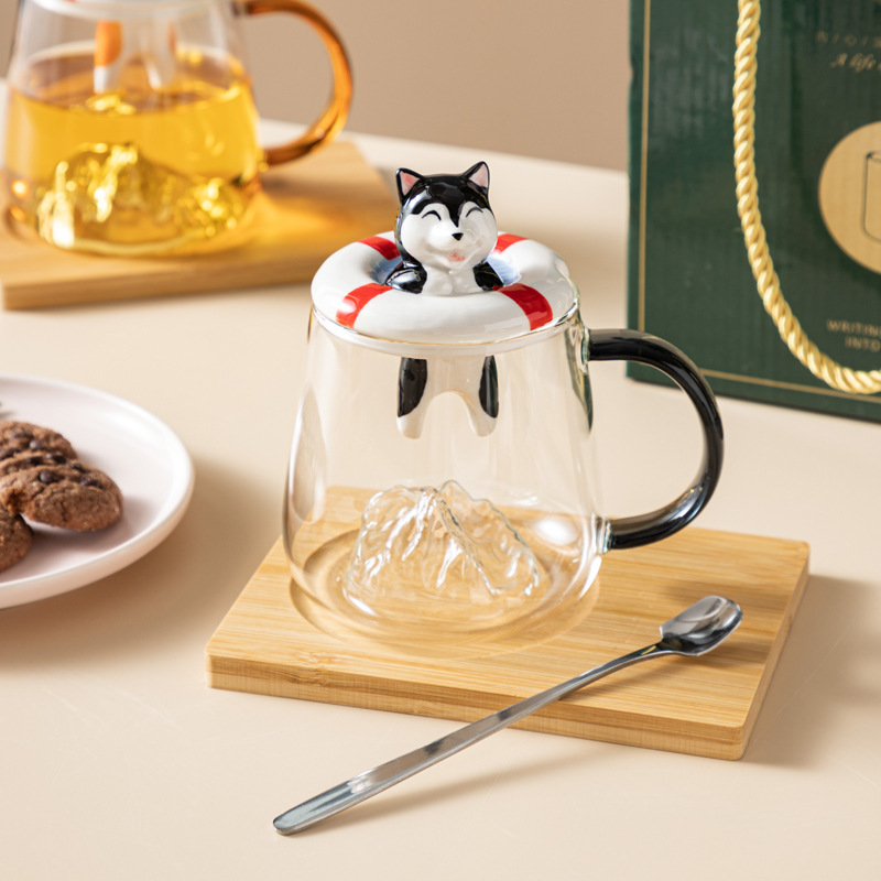 Borosilicato taza Linda taza con tapa de los hombres y mujeres taza de té café Shiba Inu Husky taza regalo