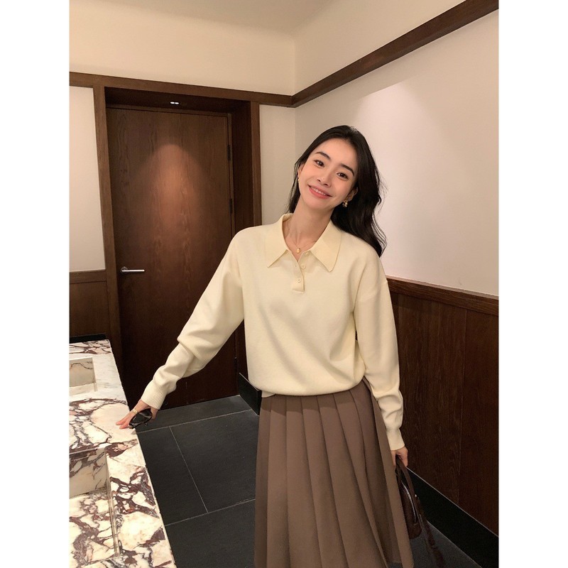pusumede 慵懒基因 polo领套头毛衣女秋冬宽松慵懒长袖针织衫上衣|undefined