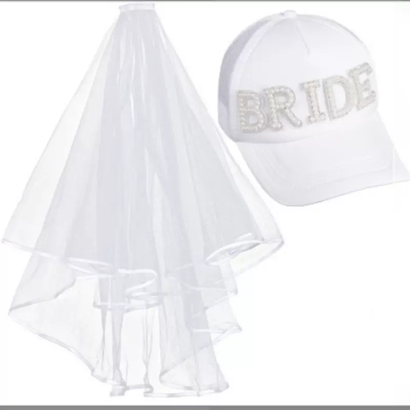 跨境专供新娘 BRIDE 珍珠字母棒球帽 + 头纱婚礼配饰速卖通热卖款
