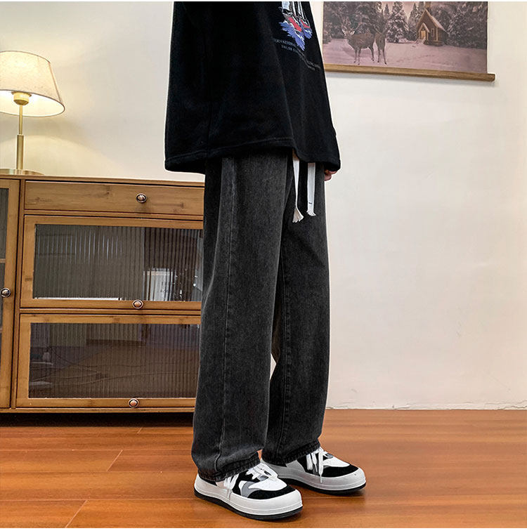 Men's Summer Elastic Waist Straight Leg Jeans Trendy Retro Japanese Style Casual Slimming Wide Leg Trousers_mkmklike.com
