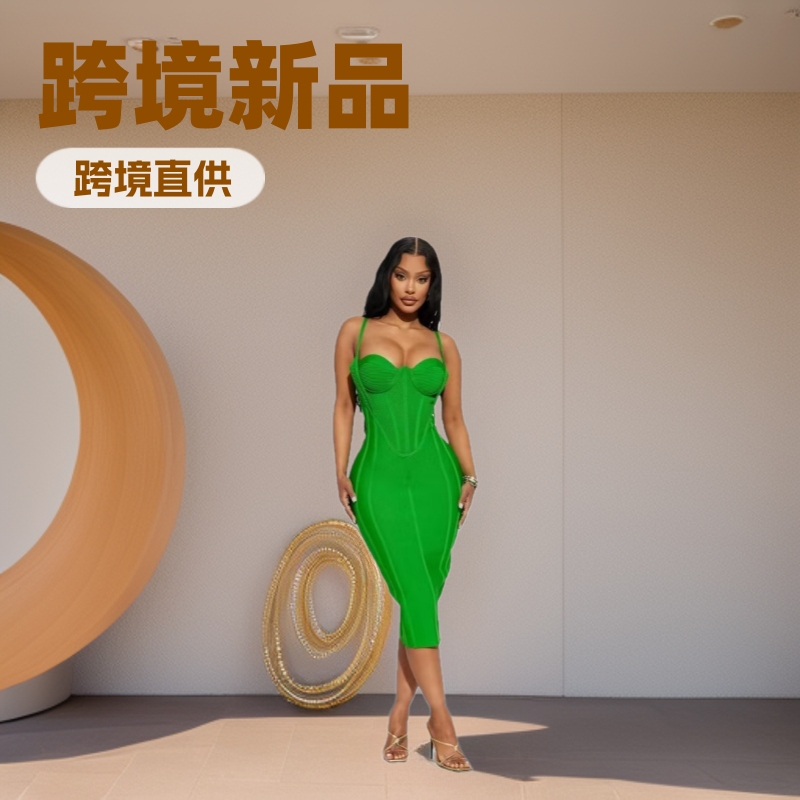 Cross-Border New Product Amazon Green Bandage Dress Suspender Tight-Fitting Party Dress for Women Bandage Dress