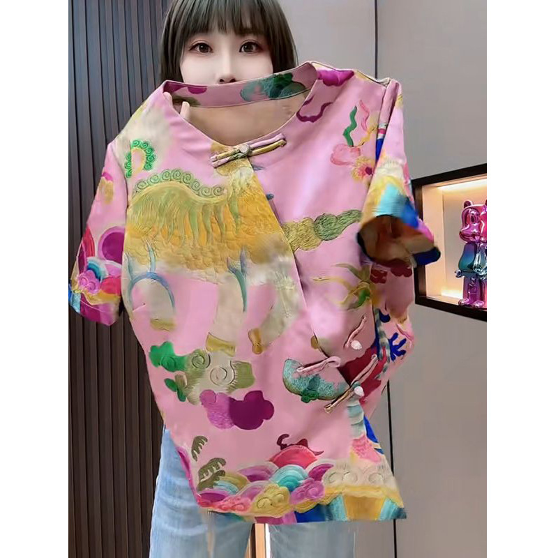 2025 夏の新スタイル中国風のボタンデザイン中国風プリントスリムラウンドネック斜め前立て人気の女性のための半袖シャツ|undefined