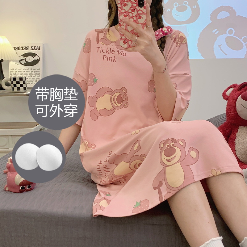 Camisón de longitud media con almohadillas para el pecho para mujer, nuevo estilo de verano 2025, diseño de dibujos animados de manga corta de algodón puro, se puede usar en exteriores, ropa de estar por casa.