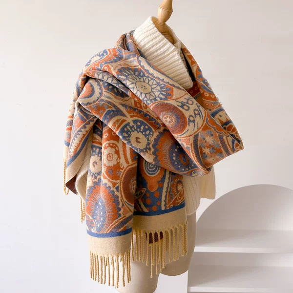 High-Quality Cashmere-Feel Double-Sided Scarf for Women in Autumn and Winter Ethnic Style Thickeneded Warm Neck Protector and Shawl Dual-Purpose