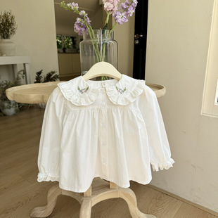 25 Spring and Autumn Girls' Easiest for Match Tops for Girls, White Embroidered Shirts, Korean Lapel Embroidered Shirts with Spliced Lace