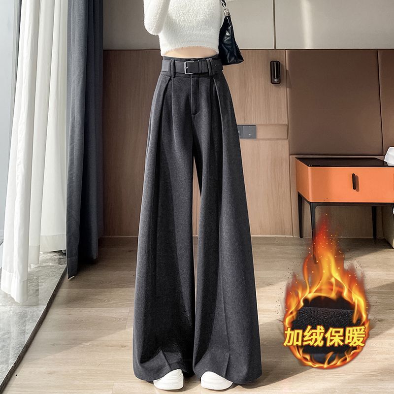 灰色加绒加厚毛呢阔腿裤女秋冬2025高腰显瘦直筒新款西装宽松|undefined
