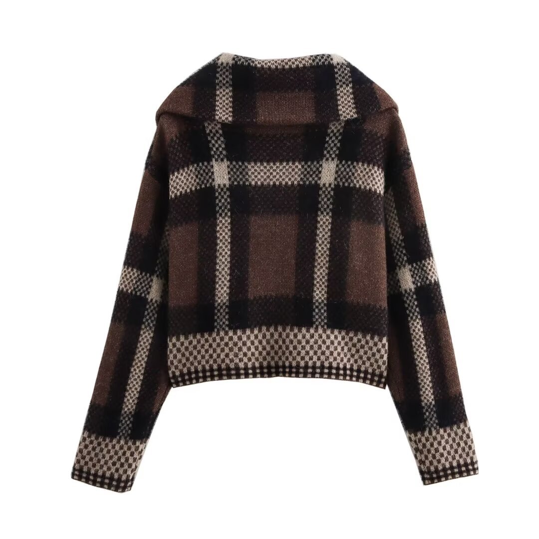 Women's clothing 2024 autumn and winter new street fashion plaid zipper sweater jacket_voghion.com