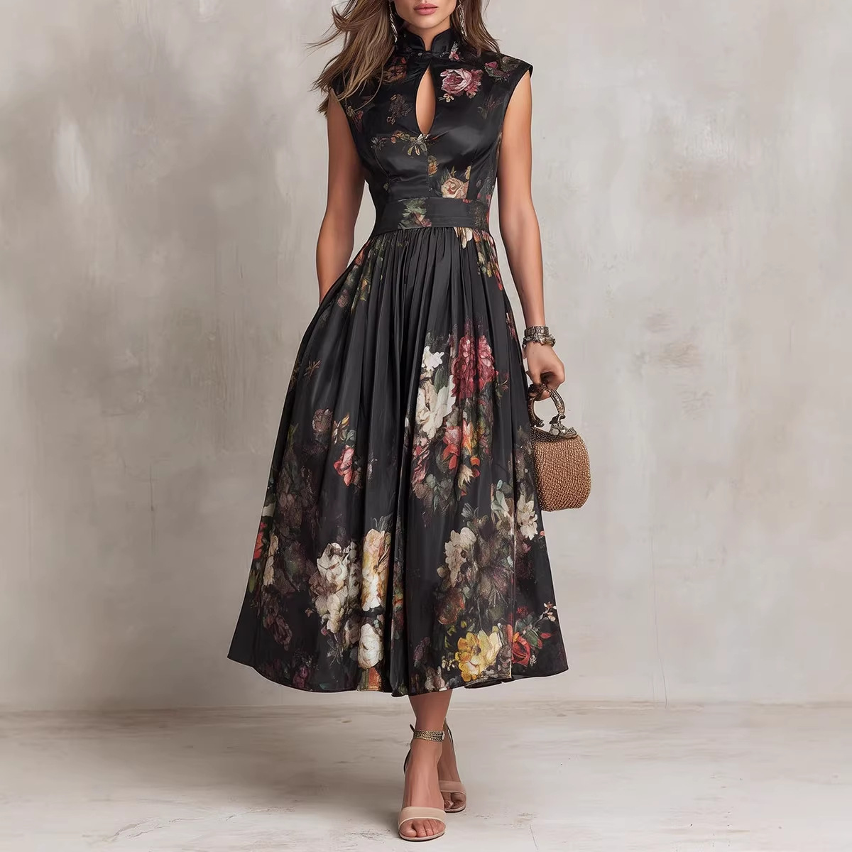 Black three dimensional long skirt sleevless