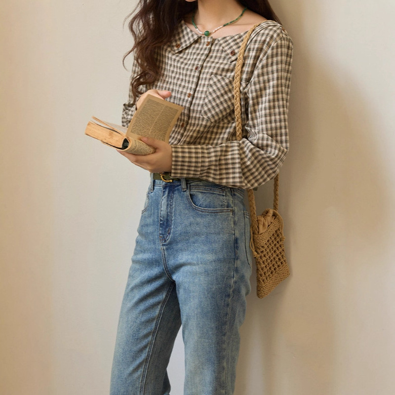 Korean Plaid Boat Neck Shirt for Women 2025 Autum New Style Women's Diagonal Pocket Contrasting Button Waist Shirt Top for Women