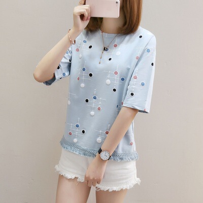 Summer Fresh Full-body Printed Short-sleeved T-shirt Women's Korean-style New Tassel Top Loose Casual Base Shirt for Women