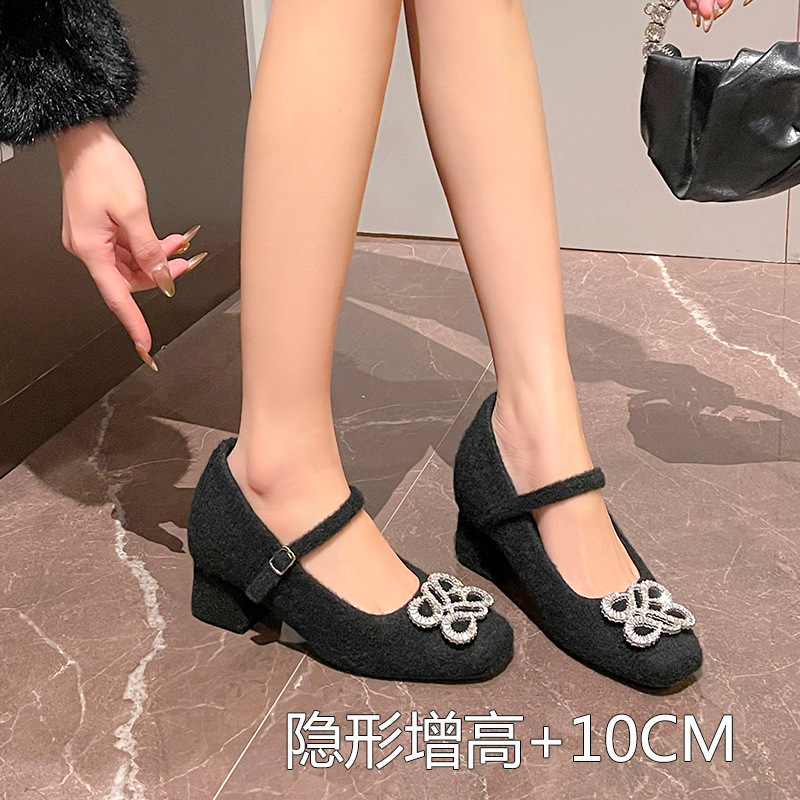 2026 nuevo tamaño pequeño francés 33 zapatos de tacón ultra alto de mujer con botón cuadrado de diamante de veludo zapatos de veludo de tacones gruesos