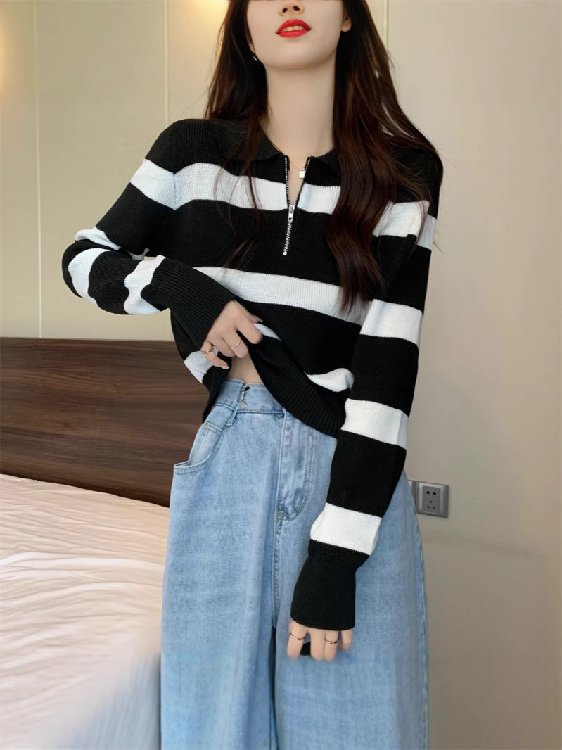 撞色条纹半拉链polo领针织衫女春秋冬宽松慵懒风外搭长袖毛衣外套